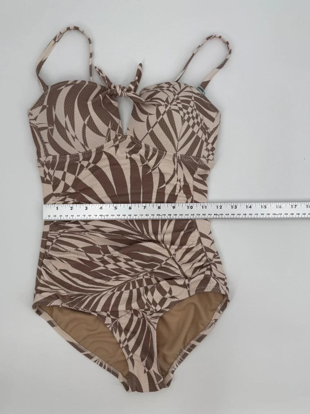 One Piece Swimsuit Palm Leaf Tan Brown Front Tie Keyhole Ruched Women XS